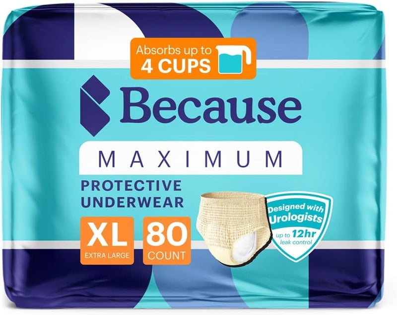because Premium Maximum Plus Adult Incontinence and Postpartum Bladder Leak Underwear for Women, Maximum Absorbency, Disposable, Beige, XLarge, 80 Count (4 Packs of 20) - Image 1